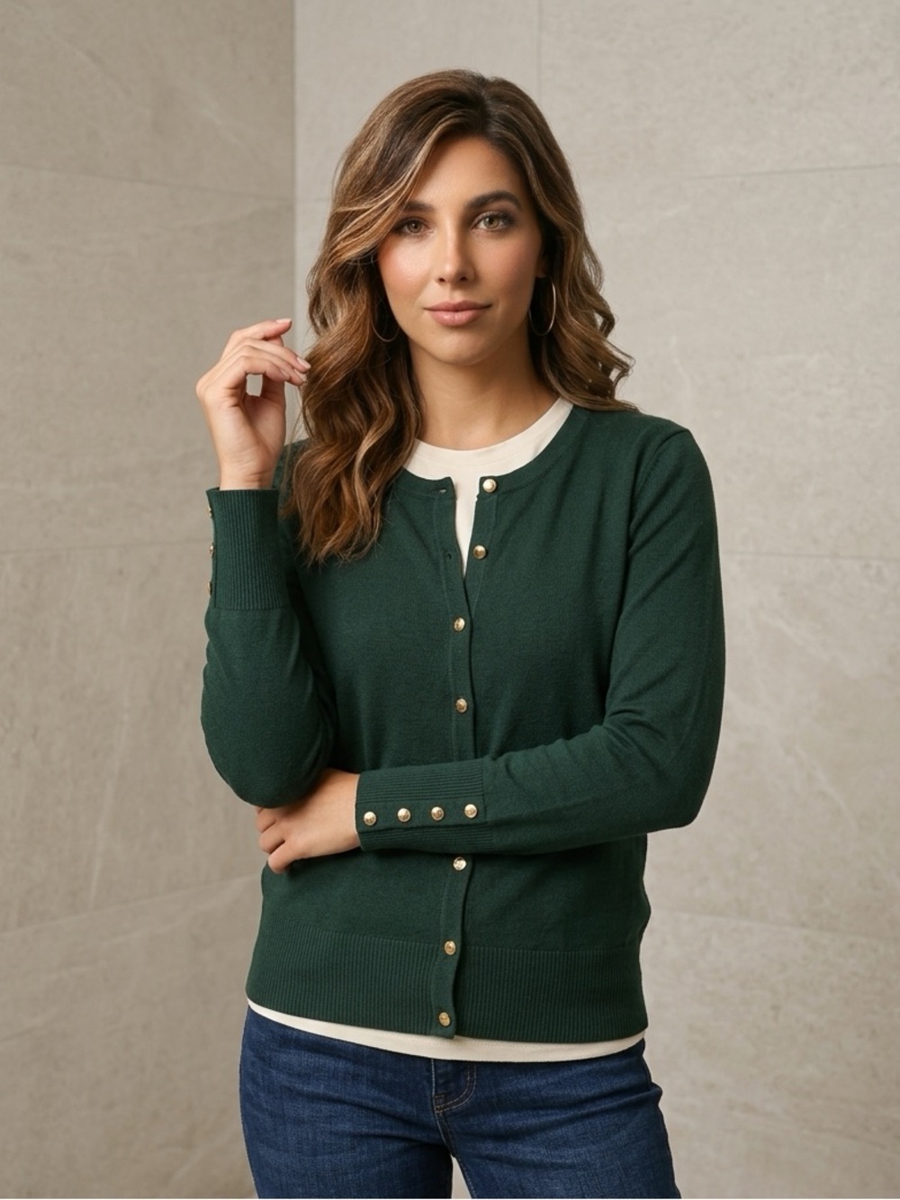 Carmen Marc Valvo Forest Green Crewneck Cardigan with Gold Buttons